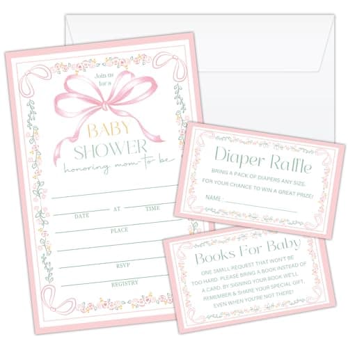 HQLOW Pink Bow 25 Floral Baby Shower Invitations Spring Fill-In Invitation Cards with Envelopes, Diaper Raffle Cards, Book Cards for Baby Gender Reveal Party Decorations & Supplies-17