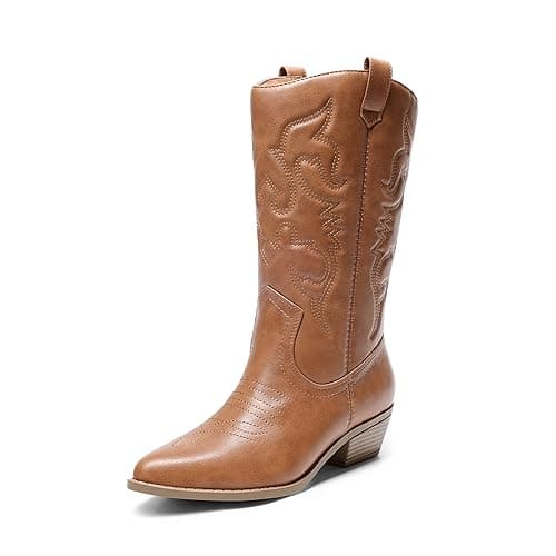 DREAM PAIRS Women's Cowboy Boots Pull On Cowgirl Boots Mid Calf Western Boots, Available in Regular and Wide Calf,Size 6,Tan,SDMB2218W