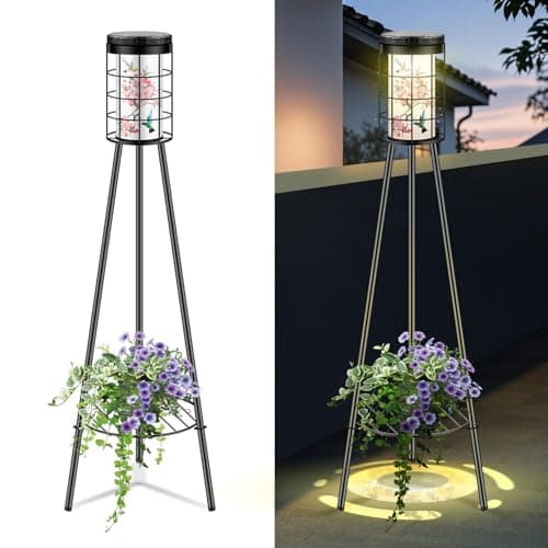 Rabiku Outdoor Solar Floor Lamp with Plant Stand, 2 Pack, Hummigbird Print, Solar & USB 2 Way Charging, Gifts for Mom Wife Grandma Daughter Friends Sister