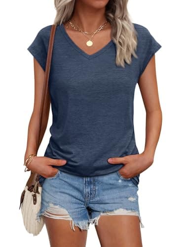 AUTOMET Womens V Neck T Shirts Spring Summer Cap Sleeve Basic Tees Trendy Cute Tops for Work Dressy Casual Beach Vacation Navy 3XL