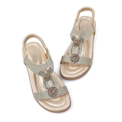 Bebxufa Boho Sparkly Cute Flat Sandals for Women Dressy Comfortable Wide Width Summer Beach Shoes for Walking Gold 9