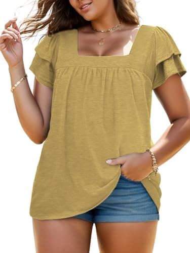 Womens Tops Plus Size Summer Tee Pleated Petal Sleeve Tunics Square Neck Shirts Yellow