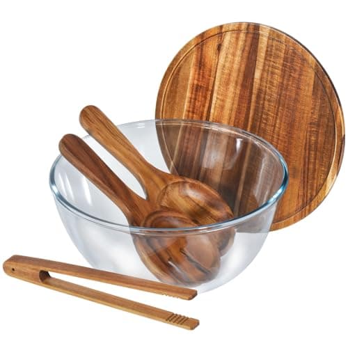 4.8QT Glass Salad Bowl with Lid, Doubles as Charcuterie Board w/ Utensils