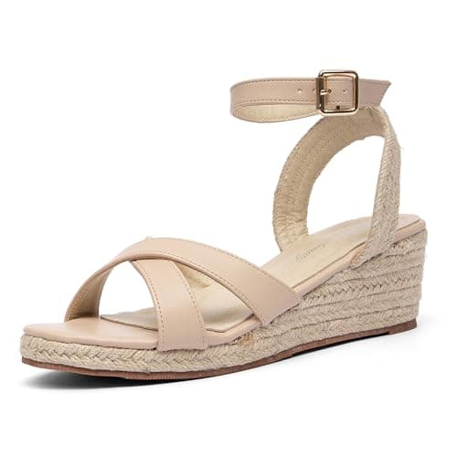getmorebeauty Women's Espadrilles Wedge Sandals Crisscross Elastic Open Toe Buckle Ankle Strap High Heels Platform Dressy Shoes (Beige, US10)