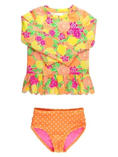 RuffleButts Baby/Toddler Girls Scalloped Long Sleeve Rash Guard 2-Piece UPF50+ Sun Protected Swimsuit - Neon Squeeze The Day, 4T