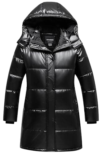 CTFASHION Girls Winter Coat Ski Jacket Long Warm Waterproof Fleece Lined Puffer with Detachable Hood Shiny Black 8