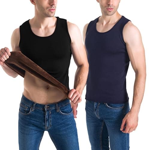 Flygo 2 Pack Thermal Tank Top Men Cotton Winter Warm Fleece Lined Underwear Sleeveless Vest Undershirt(Black+Navy-Medium)