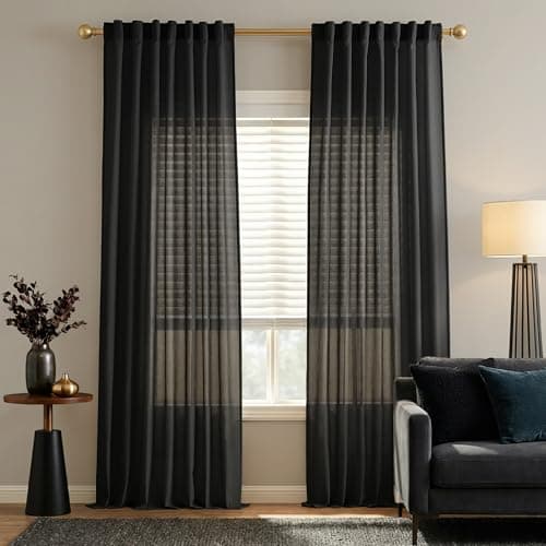 PANELSBURG Black Cotton Blend Curtains for Bedroom, Soft Moody Light Filtering Semi Sheer Panel with Hooks for Track System or Floor to Ceiling Hanging