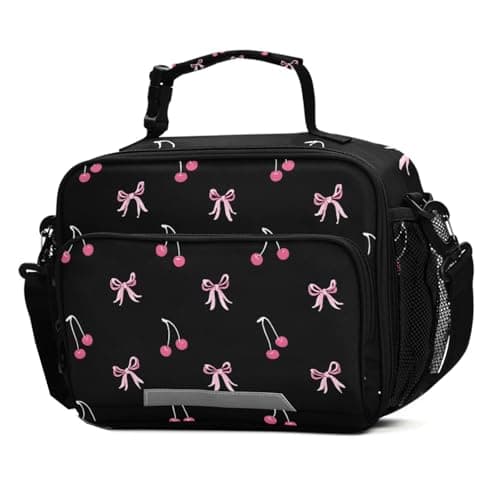 ALAZA Black Pink Bow Cherry Lunch Box for Girls Kids Insulated Lunch Bag