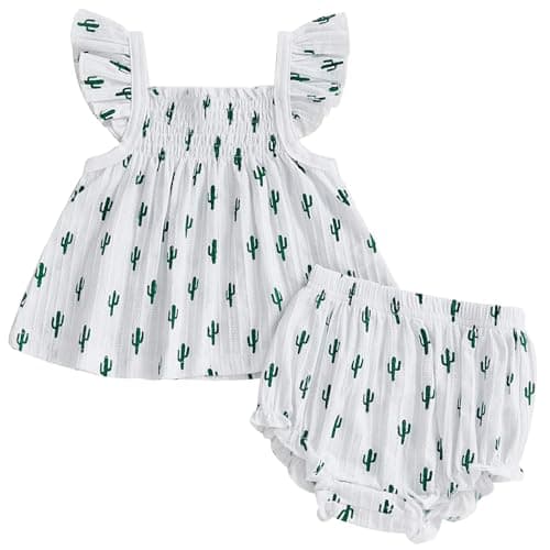 Mubineo Baby Girl Summer Clothes Cute Ruffle Tops Dress Shorts Outfits Set Infant Toddler Shrit Bloomers Princess Outfit (White Cactus, 3-6 Months)
