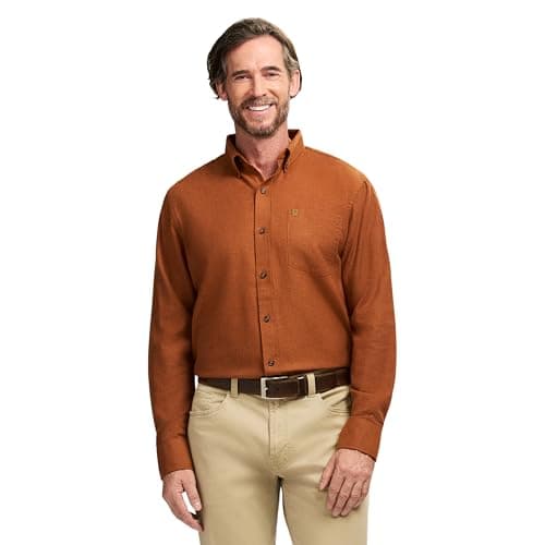 Izod Men's Stratton Flannel Long Sleeve Button Down Shirt, Bombay Brown, Medium