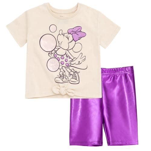 Disney Minnie Mouse Little Girls T-Shirt and Metallic Bike Shorts Outfit Set Off White/Lavender 7-8