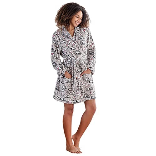 Berkshire Blanket Peanuts® Snoopy VelvetLoft® Soft Lightweight Women Robes, Short Hooded Robe with Pockets, Gifts for Women(Large Peanuts Snoopy Sleeps hearts Grey, Extra-Large)