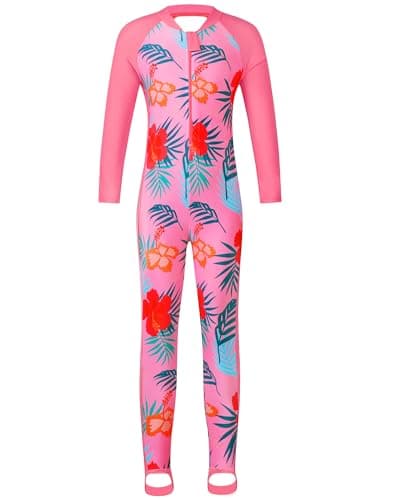 TFJH E Long Sleeve Bathing Suits for Girls Swimsuits UV 50+ One Piece Rash Guard Beachwear Pink Flower 104/110