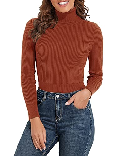 PrettyGuide Women's Ribbed Turtleneck Long Sleeve Sweater Tops Brick Red L