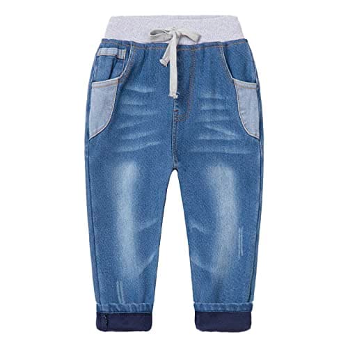 Mud Kingdom Thermal Little Boys Jogger Jeans Fleece Gray Drawstring Lined Warm Winter Blue Size 6