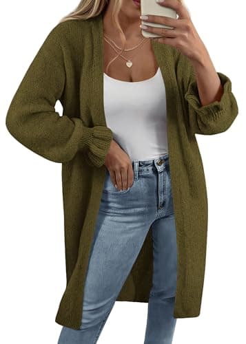 KIRUNDO Long Cardigan Sweaters for Women 2026 Spring Casual Oversized Ruffle Long Sleeve Open Front Chunky Knit Sweater Coats(Army Green, Large)