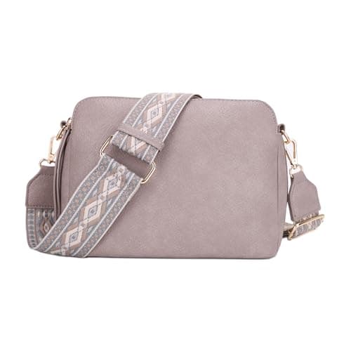 SG SUGU Andrea Triple Compartment Crossbody Bag for Women Trendy Vegan Leather Shoulder Bag with 2 inch Wide Guitar Strap STONE