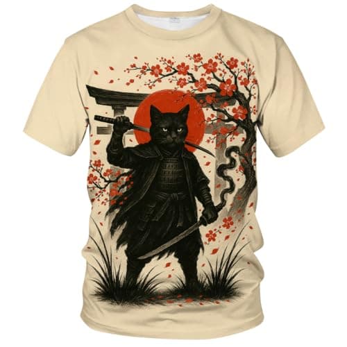 Blissboy Samurai Cat T-Shirt for Men, Japanese Warrior Cat Graphic Tee with Katana, Cherry Blossom Red Sun Aesthetic,Beige,XL