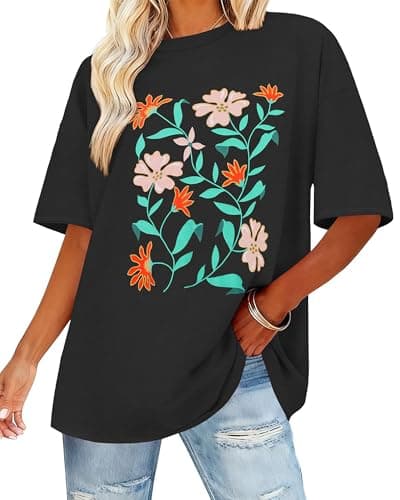 Womens Oversized T Shirts Loose Fit Graphic Tees Summer Casual Short Sleeve Tops(Black Leaf Floral, S)