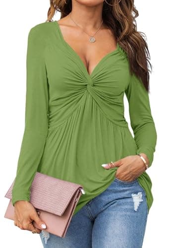 Tankaneo Womens V-Neck Front Knotted Blouse Shirt Long Sleeve Elegant Casual T-Shirt Solid Color Pullover Tops