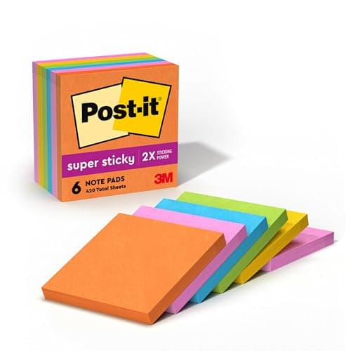 Post-it Super Sticky Notes, 3x3 in, 6 Pads, 2X The Sticking Power, Energy Boost Collection, Bright Colors (Orange, Pink, Blue, Green),Recyclable (654-6SSAU)