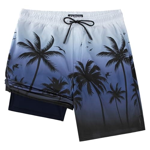 Mens Swim Trunks with Compression Liner, 7 Inch Inseam Stretch Quick Dry Swimwear Bathing Suit, Navy Gradient Palm Beach Board Shorts Men's Built-in Swimsuit Swimming Short for Men, Medium