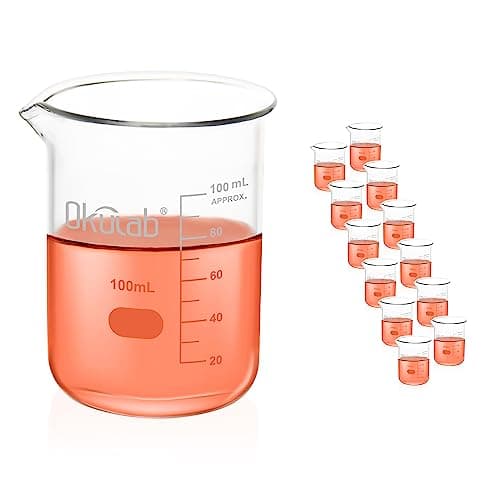Okulab 100mL Glass Beaker, Low Form, Graduated 3.3 Borosilicate Glass Beaker Set (case of 12) for Lab, Classroom, Craft, Kitchen, .BKLG100B12