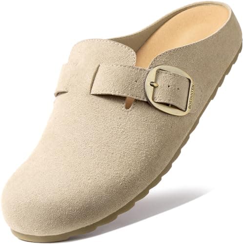 BOSTANTEN Clogs for Women Wide Width Comfortable Suede Mules with Soft Footbed and Arch Support, Cute Slip On Potato Shoes Taupe