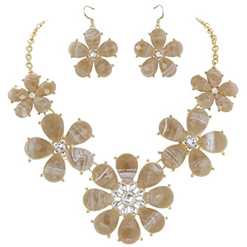 Firstmeet Shiny Flower Statement Collar Necklace with Earrings(XL-1104-Brownmarble)