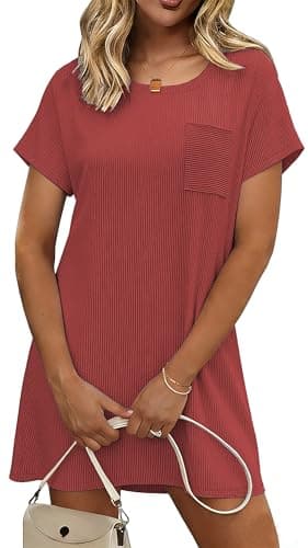 Ekouaer Ladies Sleepwear Short Sleeve Casual Night Shirt Stretchy Viscose Sleep Dress with Pocket Loungewear Red