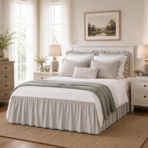 Vlocemon Cotton Bed Skirt, Queen 14-Inch Drop, Crochet Trim, Light Grey