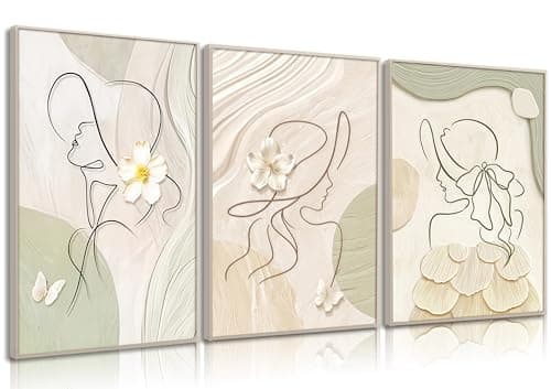 3Pcs Abstract Woman Canvas Wall Art Minimalist Line Beige and Green Girl Picture Wall Decor White Flower Texture Posters Boho Cream Neutral Painting Print Artwork for Living Room Bedroom, Unframed