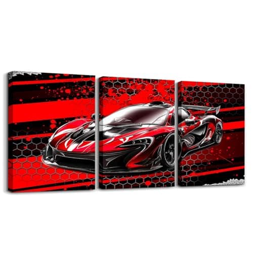 Feelyou Kids Boys Race Car Canvas Wall Art Canvas Set of 3 Racing Car Artwork Poster Cool Speed Car Wall Painting Office Sports Car Wall Decor Art for Bedroom Living Room Home Decoration 12x16 Inch
