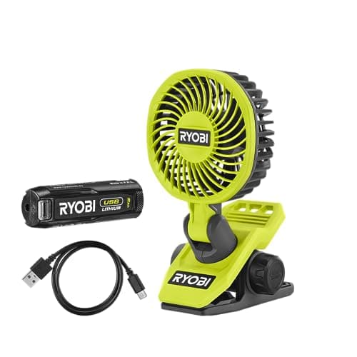 RYOBI - USB lithium fan (4 V, diameter 9 cm, 2 speeds, 120/90 rpm, head adjustable up/down and right/left, USB-C cable - 1 battery 4 V, 2.0 Ah, USB lithium, RCF-120G