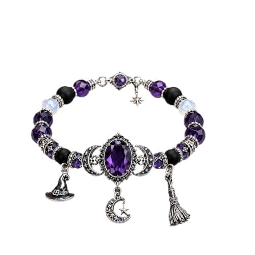 Witch's Crystal Moon Charm Bracelet,Moon Phase Crystal Healing Bracelet for Women, Crescent Moons, Star & Witch Charms Jewelry,Spiritual Bracelets for Intuition, Gifts for Women (A#)