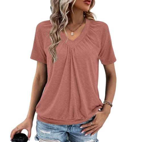 Gihgoew Summer Tops for Women 2025 Shorts Sleeve Womens Tops,V Neck Soft Casual Loose Fit Ruched Top T Shirts Tee Clothes Misty Rose