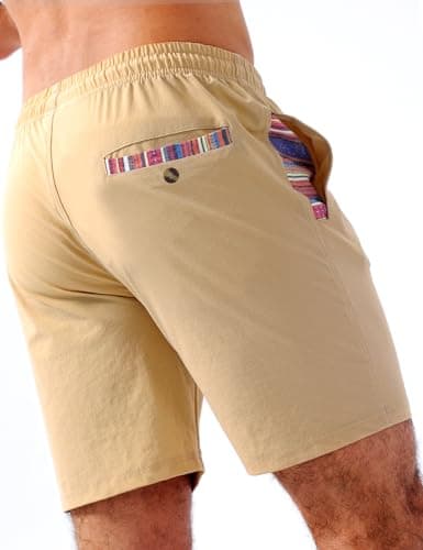 Loopory Men's Casual Shorts with Drawstring, Cotton Blend Summer Shorts for Men Lightweight Soft Fabric Flat Front Relaxed Fit Walking Golf Beach Shorts-7"-Khaki-M
