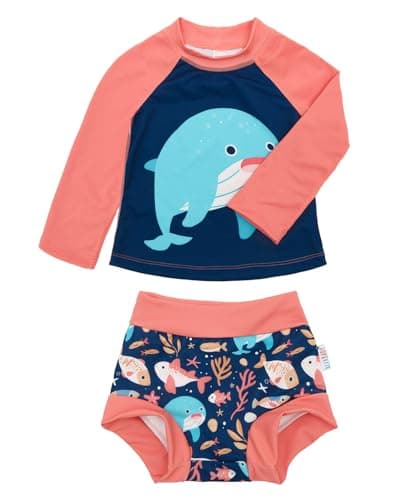 ALVABABY Long Sleeve Rashguards with Swim Diaper, Baby/Toddler Girls' Rash Guard Sets,Girl Swimsuit UPF 50+ Sun Protection Two Piece Bathing Suit ST-S03-12-18M