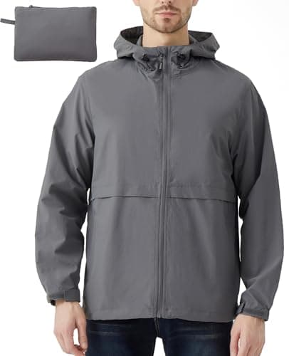 EIGIOO Men's Lightweight Jacket Windbreaker Packable Hooded Raincoat for Hiking Outdoor with Zippered Pocket Grey Large