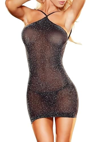 Sparkling Sheer Mesh Teddy Lingerie Set for Women, See-Through Chemise with Sequins & G-String, Sexy Crisscross Halter Nightwear, One Size, Black