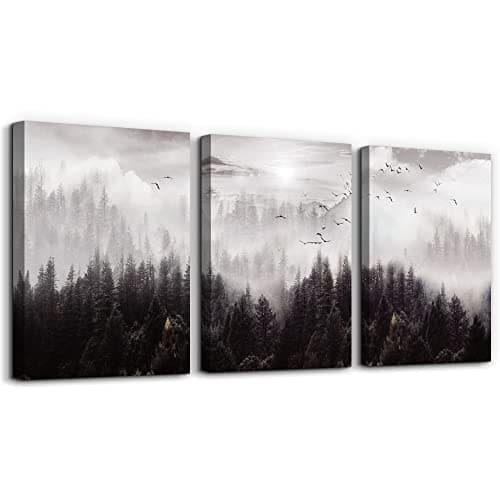 Framed Canvas Art - Boho Wall Decor Set of 3: Foggy Forest Trees Scenery for Living Room, Bedroom, Office, Farmhouse, Home Decoration