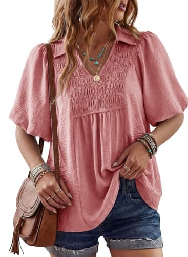 Astylish Women's Summer Puff Short Sleeve V Neck Dressy Peplum Tops Ruched Business Office Ruffle Blouse Shirt Gossamer Pink XX-Large