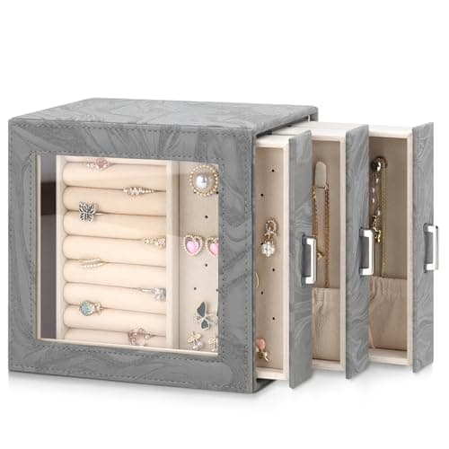 DesignSter Jewelry Box Organizer, Jewelry Box for Women, PU Jewelry Organizer Display Case with Side Drawers, Jewelry Storage for Earring Necklace Ring Bracelet Watch