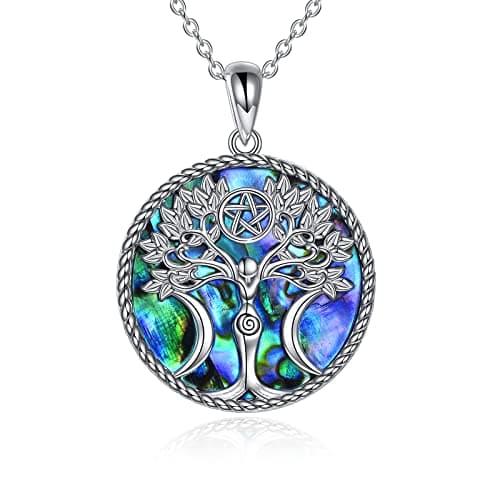 YAFEINI Triple Moon Goddess Necklace Sterling Silver Pentagram Pentacle Tree of Life Pendant Necklace Pagan Wiccan Magic Amulet Jewelry for Women Men (A-Abalone Triple Moon Necklace)