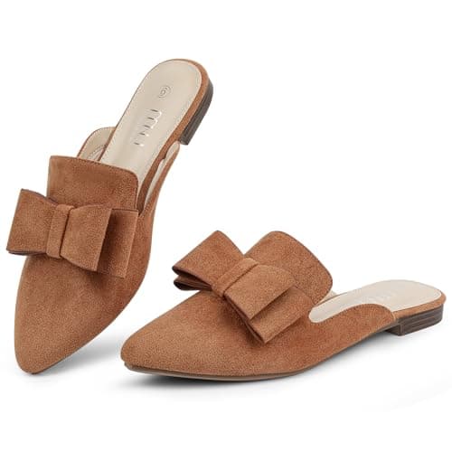MUSSHOE Mules for Women with Bow Knot: Pointed Toe Flats - Cloud-Cushion Suede Backless Loafers for Office & Casual Wear - Wide-Fit Friendly Slip On Slides with Memory Foam,Tan 8