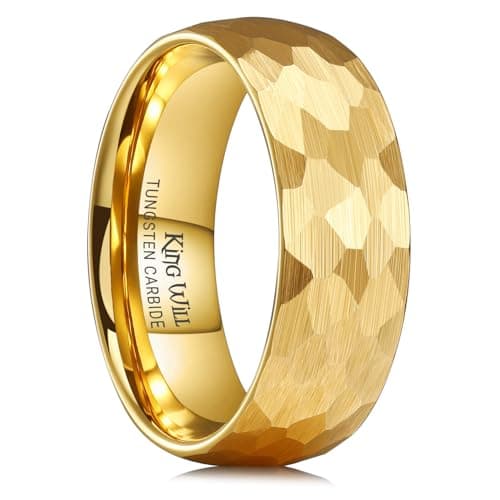 King Will Mens GLORY Wedding Rings Hammered Tugnsten Wedding Band for Men Gold Plated Engagement Ring 8mm Width Comfort Fit Craftsman Collection Size 14