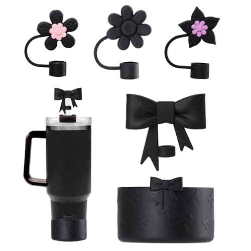GAISHION Stanley Tumbler Accessories Set Including 4 Pcs Siliocne Straw Covers Toppers Caps for 10mm/0.4 in Straws,1 Pcs Siliocne Boot for Stanleys Cup 40oz 30oz 20oz - Black