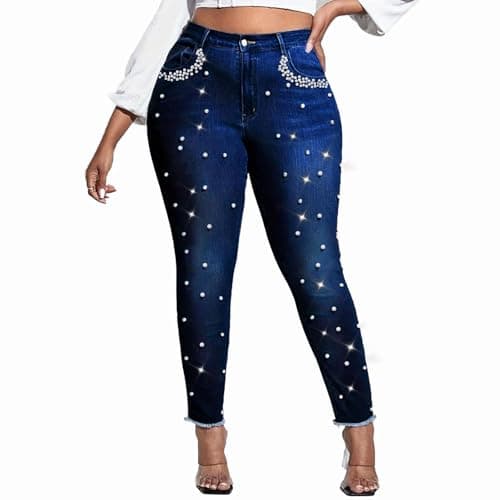 Women's Skinny Jeans Classic Mid Waist Stretchy Denim Pants Rhinestones