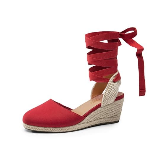 DREAM PAIRS Espadrille Platform Wedge Sandals,Red-Canvas,8